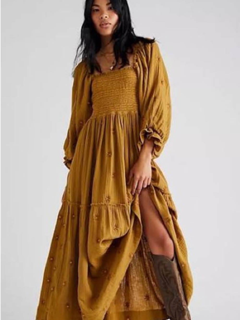 Free People Dahlia Embroidered Smocked Maxi Dress in Pumpkin